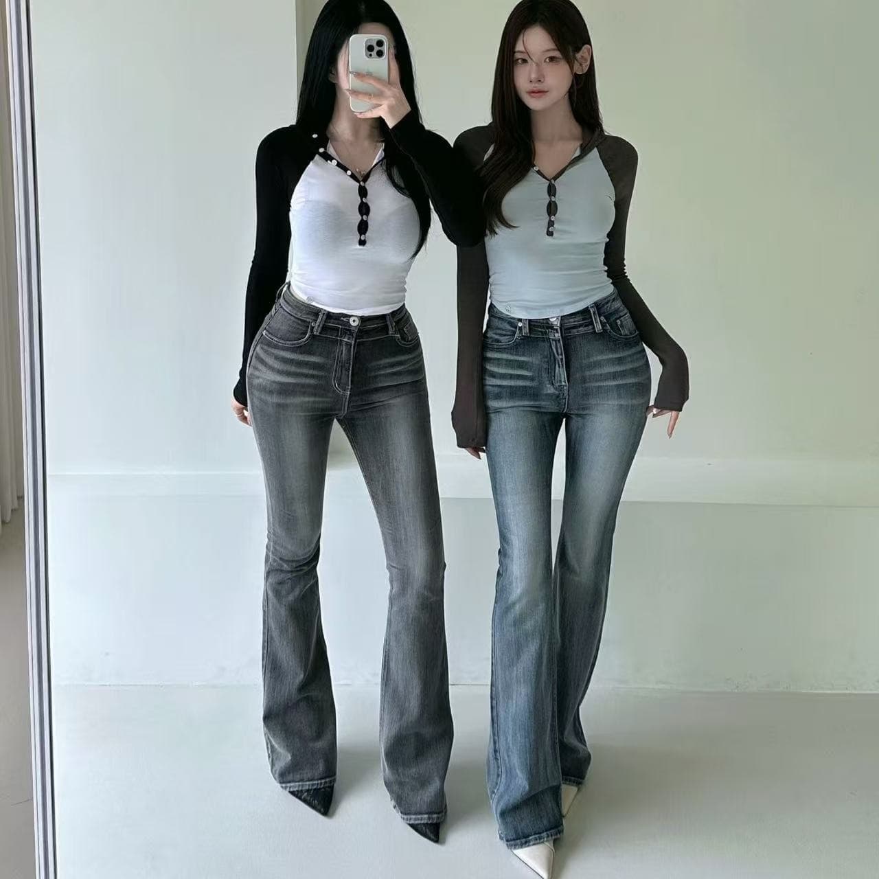 가을 섹션 레트로 다용도 워싱 부츠컷 청바지 이미지 2