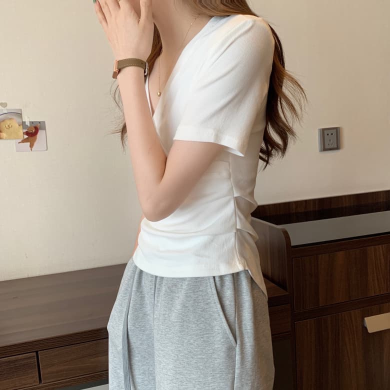 실사 빅 사이즈 여성 의류 지방 mm V넥 불규칙 슬림해 보이는 t 상세 이미지 12