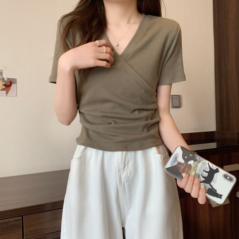실사 빅 사이즈 여성 의류 지방 mm V넥 불규칙 슬림해 보이는 t 상세 이미지 24