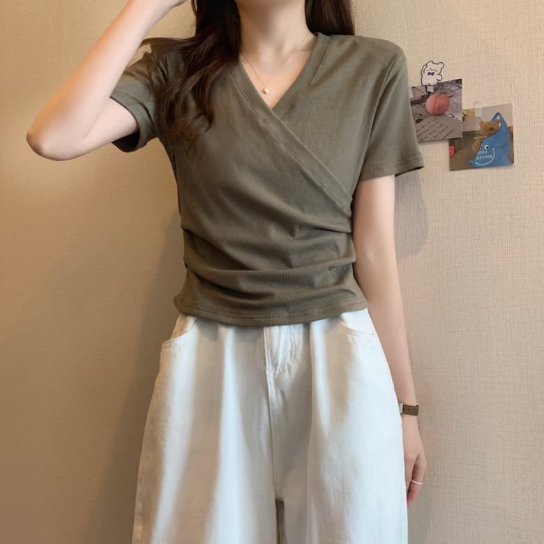 실사 빅 사이즈 여성 의류 지방 mm V넥 불규칙 슬림해 보이는 t 상세 이미지 25