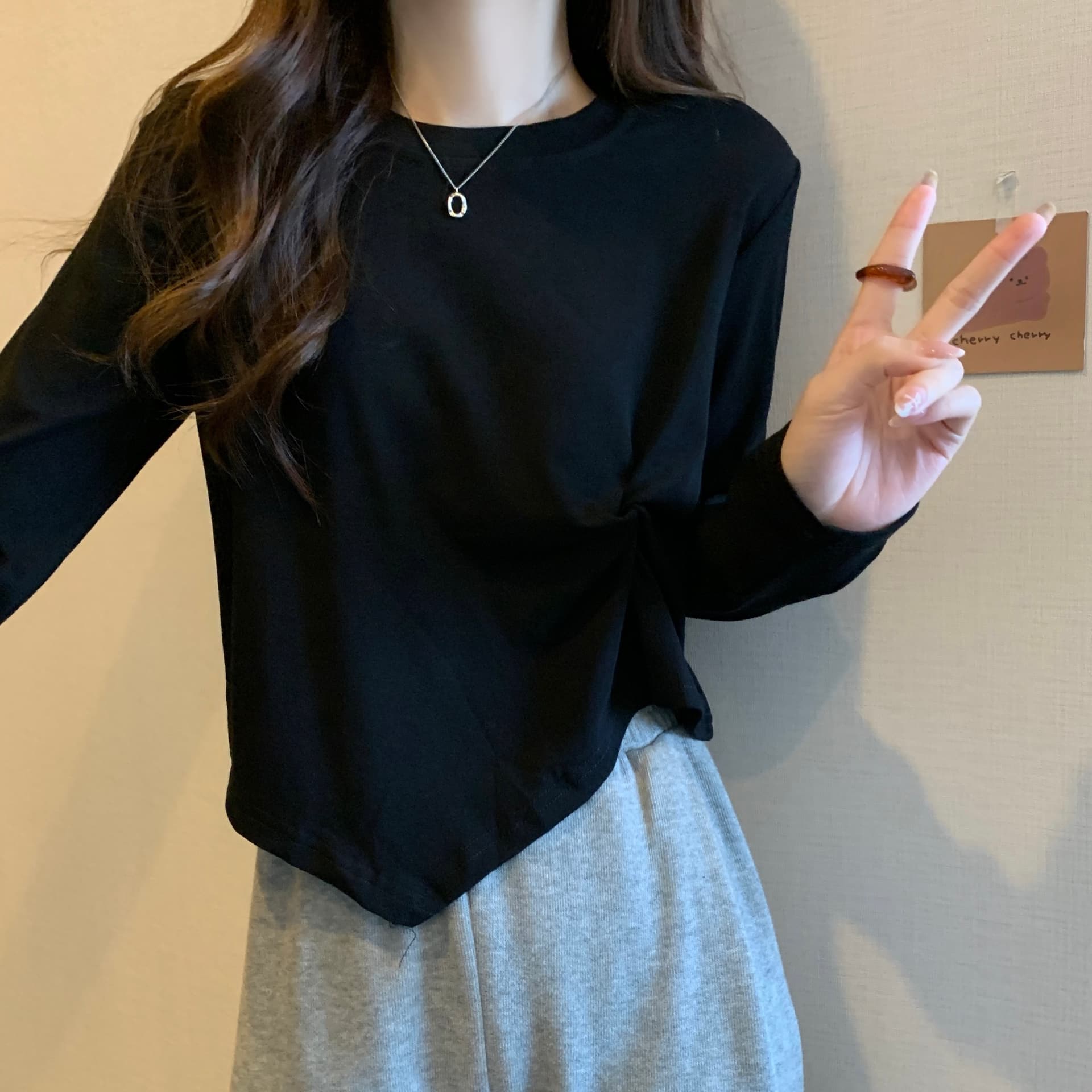 실사 빅 사이즈 여성 의류 지방 mm 한국 스타일 불규칙 슬림해 보이는 긴 소매 티셔츠 상세 이미지 18