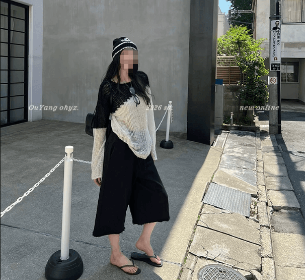 느긋한 종이 의류 호흡 센스 푹신한 양모 배색 홀로우 아웃 니트 블라우스 이미지 3