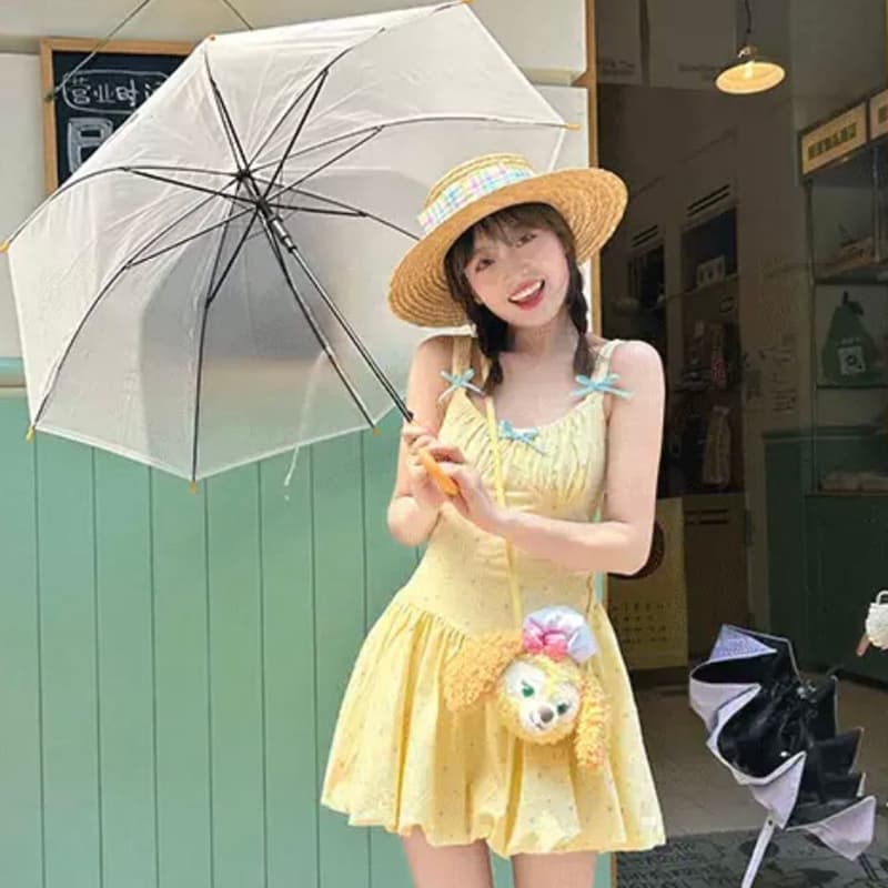 도파민 황색 슬립 여성 드레스 달콤함 작은 키 휴가 바람 도트 무늬 꽃밭 치마 허리 수축 퍼프 스커트 여름 이미지 2