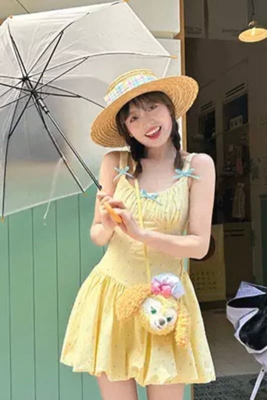 도파민 황색 슬립 여성 드레스 달콤함 작은 키 휴가 바람 도트 무늬 꽃밭 치마 허리 수축 퍼프 스커트 여름 이미지 6