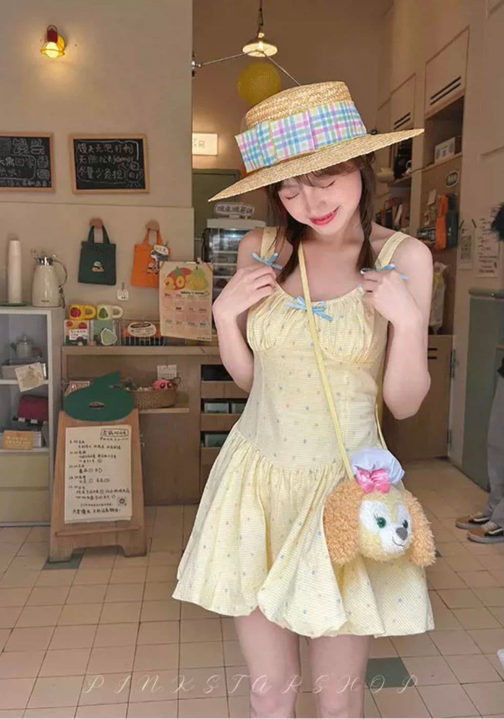 도파민 황색 슬립 여성 드레스 달콤함 작은 키 휴가 바람 도트 무늬 꽃밭 치마 허리 수축 퍼프 스커트 여름 상세 이미지 8