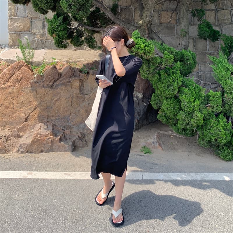 실사 2026 한국 스타일 드레스 여름 순면 트임 중간 길이 무릎 아래 치마 지방 mm 슬림해 보이는 롱 스커트 ins 상세 이미지 12