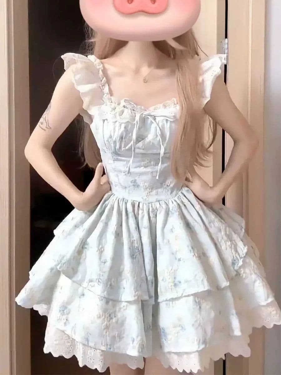 원본 품질 전원 공주 작은 날다 소매 부드러운 여름 순수한 욕망 바람 달콤함 슬림해 보이는 품격 맨위 반신 스커트 이미지 3