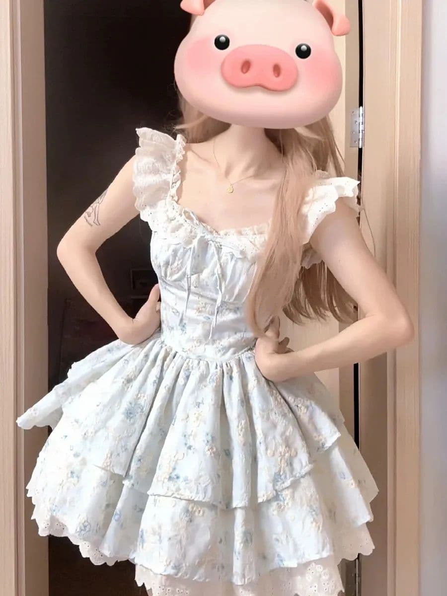 원본 품질 전원 공주 작은 날다 소매 부드러운 여름 순수한 욕망 바람 달콤함 슬림해 보이는 품격 맨위 반신 스커트