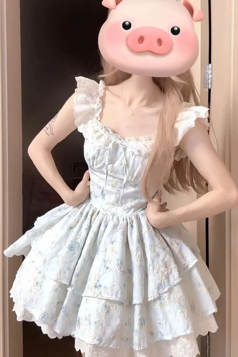 원본 품질 전원 공주 작은 날다 소매 부드러운 여름 순수한 욕망 바람 달콤함 슬림해 보이는 품격 맨위 반신 스커트 이미지 6