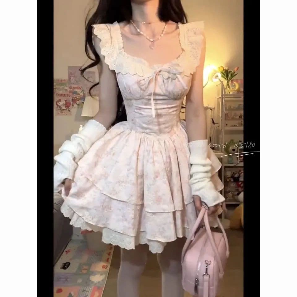 원본 품질 전원 공주 작은 날다 소매 부드러운 여름 순수한 욕망 바람 달콤함 슬림해 보이는 품격 맨위 반신 스커트 상세 이미지 1