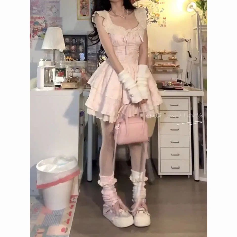 원본 품질 전원 공주 작은 날다 소매 부드러운 여름 순수한 욕망 바람 달콤함 슬림해 보이는 품격 맨위 반신 스커트 상세 이미지 5