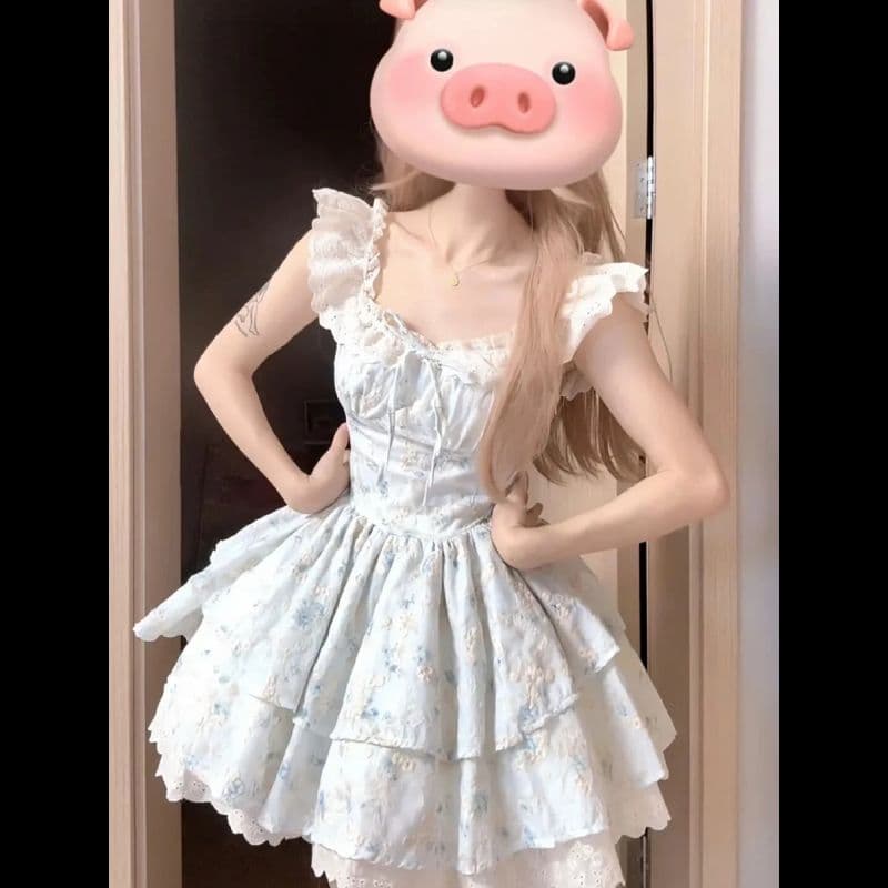 원본 품질 전원 공주 작은 날다 소매 부드러운 여름 순수한 욕망 바람 달콤함 슬림해 보이는 품격 맨위 반신 스커트 상세 이미지 13