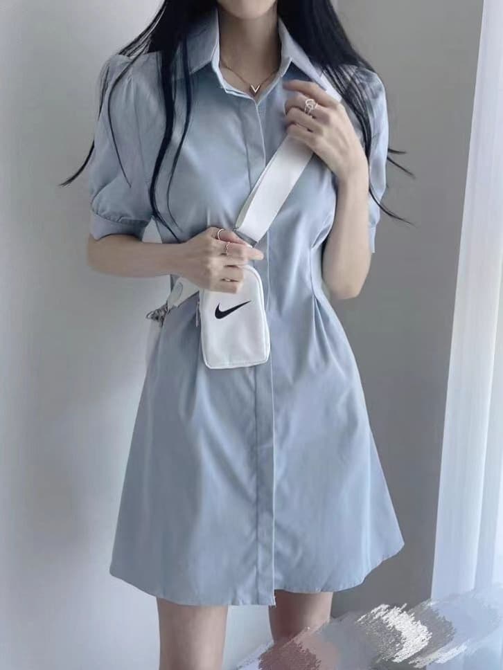 파란색 POLO 칼라 셔츠 여성 드레스 2026 여름 프랑스식 미니 스커트 허리 수축 슬림해 보이는 한 마디 반팔 치마 이미지 4