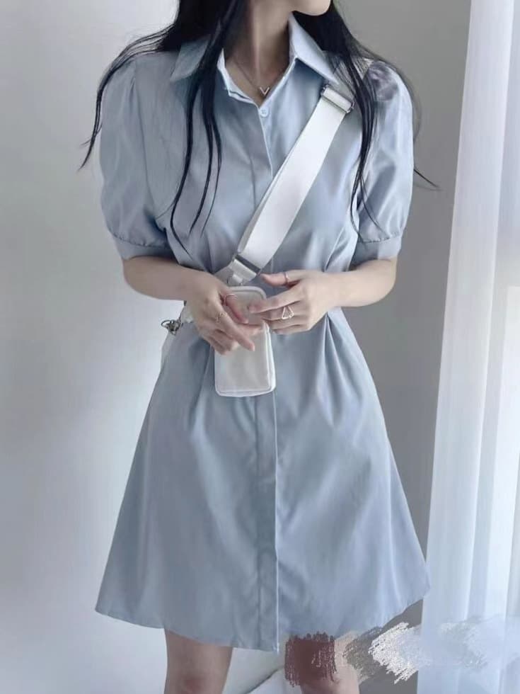 파란색 POLO 칼라 셔츠 여성 드레스 2026 여름 프랑스식 미니 스커트 허리 수축 슬림해 보이는 한 마디 반팔 치마 이미지 3