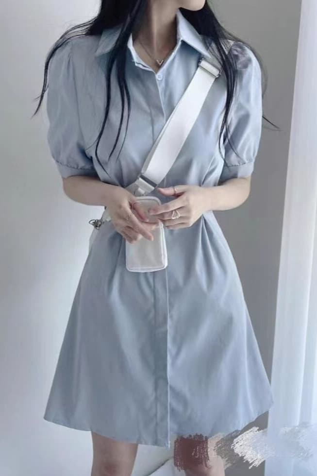 파란색 POLO 칼라 셔츠 여성 드레스 2026 여름 프랑스식 미니 스커트 허리 수축 슬림해 보이는 한 마디 반팔 치마 이미지 5