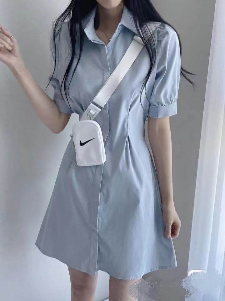 파란색 POLO 칼라 셔츠 여성 드레스 2026 여름 프랑스식 미니 스커트 허리 수축 슬림해 보이는 한 마디 반팔 치마 상세 이미지 6