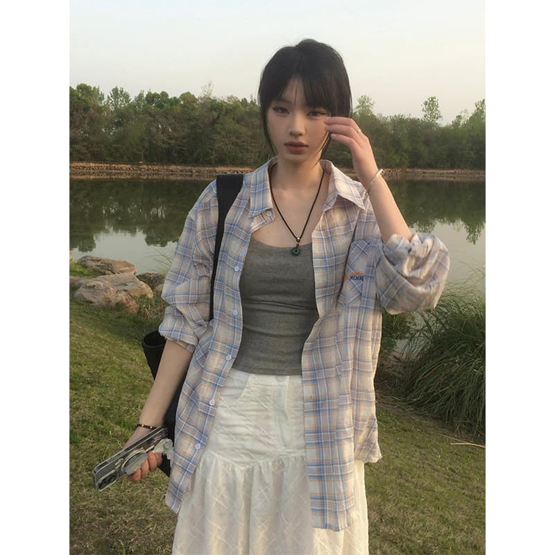 아메리칸 레트로 체크무늬 여성 셔츠 여름 배색 자외선 차단 셔츠 커플 재킷 루즈핏 캐주얼 맨위 상세 이미지 3