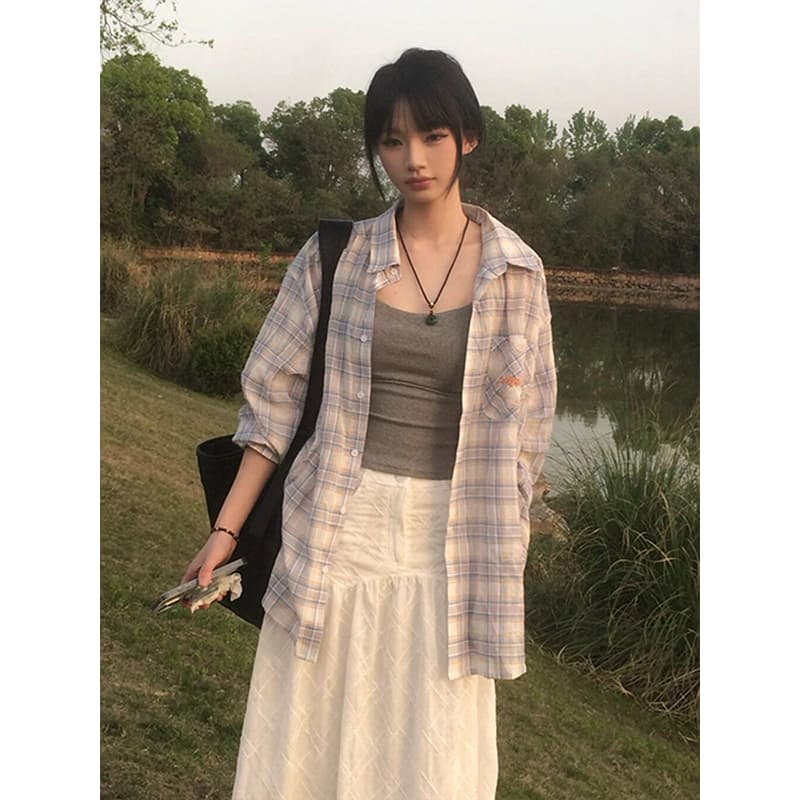 아메리칸 레트로 체크무늬 여성 셔츠 여름 배색 자외선 차단 셔츠 커플 재킷 루즈핏 캐주얼 맨위 상세 이미지 4
