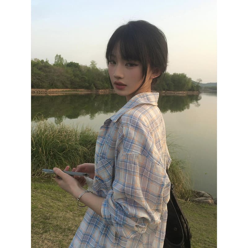 아메리칸 레트로 체크무늬 여성 셔츠 여름 배색 자외선 차단 셔츠 커플 재킷 루즈핏 캐주얼 맨위 상세 이미지 5