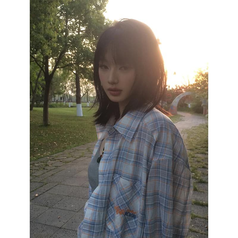 아메리칸 레트로 체크무늬 여성 셔츠 여름 배색 자외선 차단 셔츠 커플 재킷 루즈핏 캐주얼 맨위 상세 이미지 6
