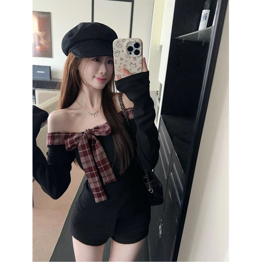 리브 De 플러시 달콤한 핫걸 체크무늬 패치워크 오프숄더 티셔츠 여성 연령 감소 나비 매듭 몸매 가꾸기 맨위 이미지 4