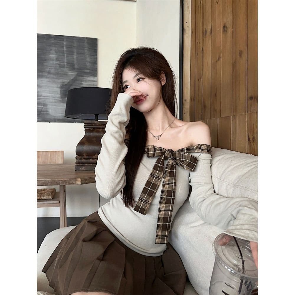 리브 De 플러시 달콤한 핫걸 체크무늬 패치워크 오프숄더 티셔츠 여성 연령 감소 나비 매듭 몸매 가꾸기 맨위 이미지 5