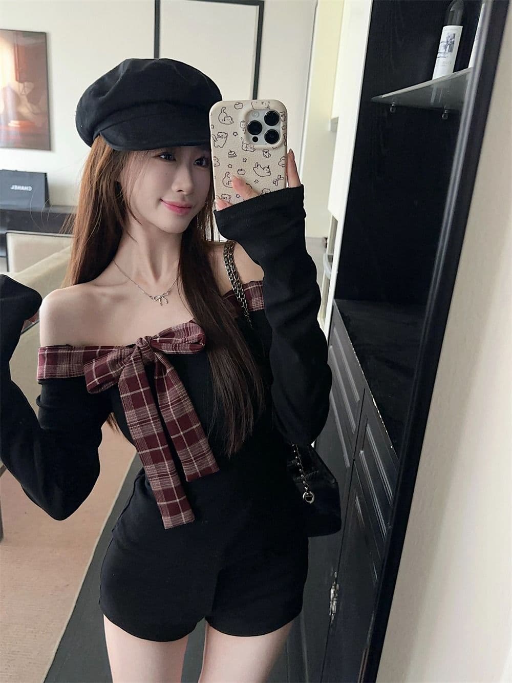 리브 De 플러시 달콤한 핫걸 체크무늬 패치워크 오프숄더 티셔츠 여성 연령 감소 나비 매듭 몸매 가꾸기 맨위 상세 이미지 5