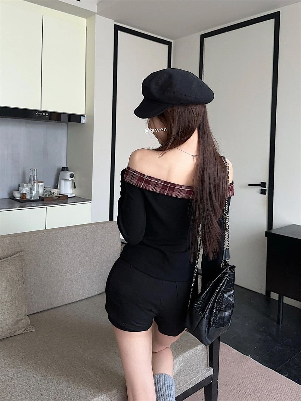 리브 De 플러시 달콤한 핫걸 체크무늬 패치워크 오프숄더 티셔츠 여성 연령 감소 나비 매듭 몸매 가꾸기 맨위 상세 이미지 6