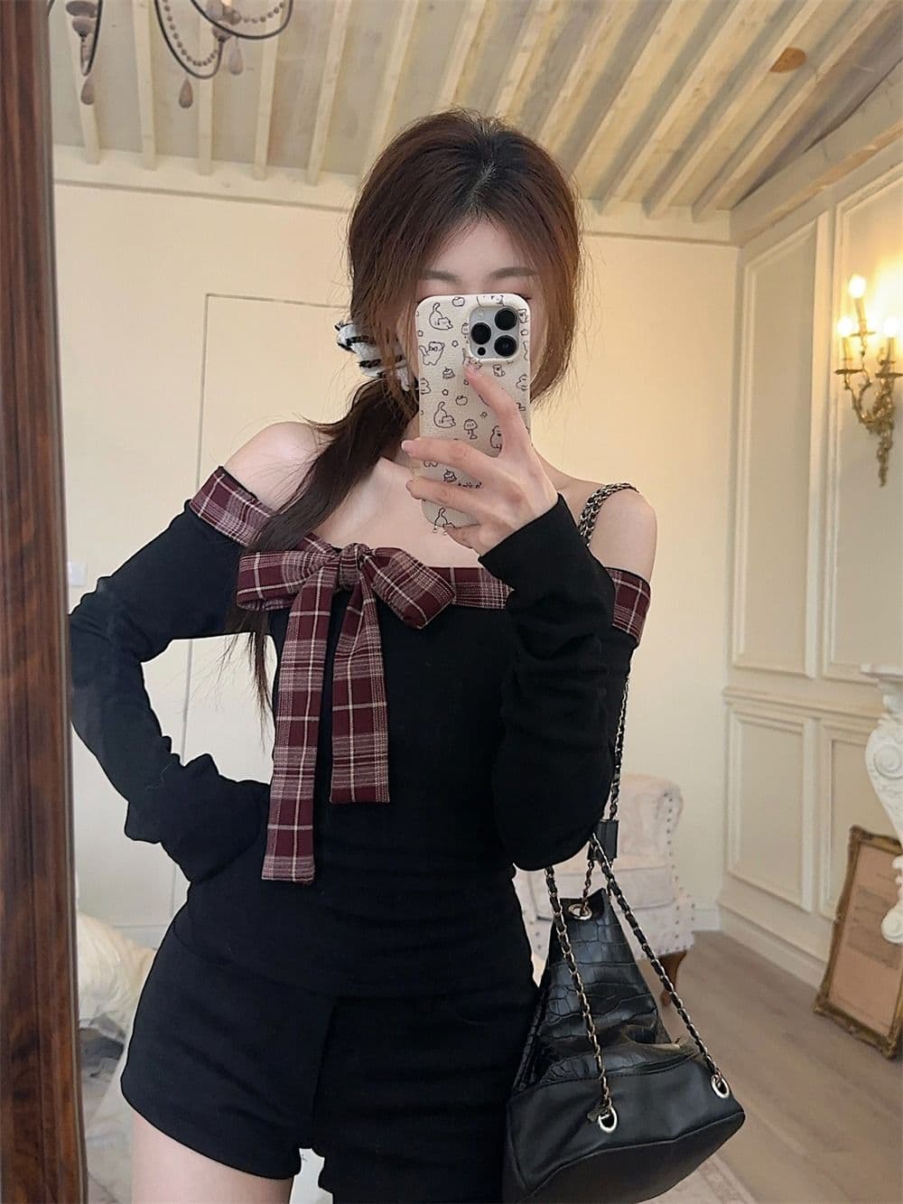 리브 De 플러시 달콤한 핫걸 체크무늬 패치워크 오프숄더 티셔츠 여성 연령 감소 나비 매듭 몸매 가꾸기 맨위 상세 이미지 11