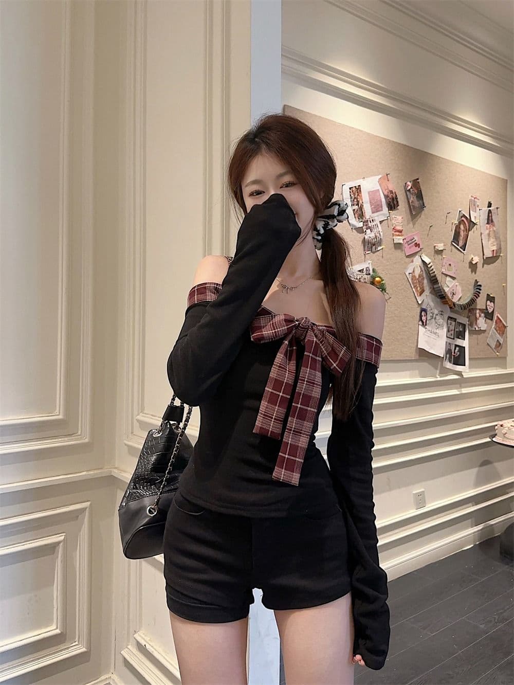 리브 De 플러시 달콤한 핫걸 체크무늬 패치워크 오프숄더 티셔츠 여성 연령 감소 나비 매듭 몸매 가꾸기 맨위 상세 이미지 12