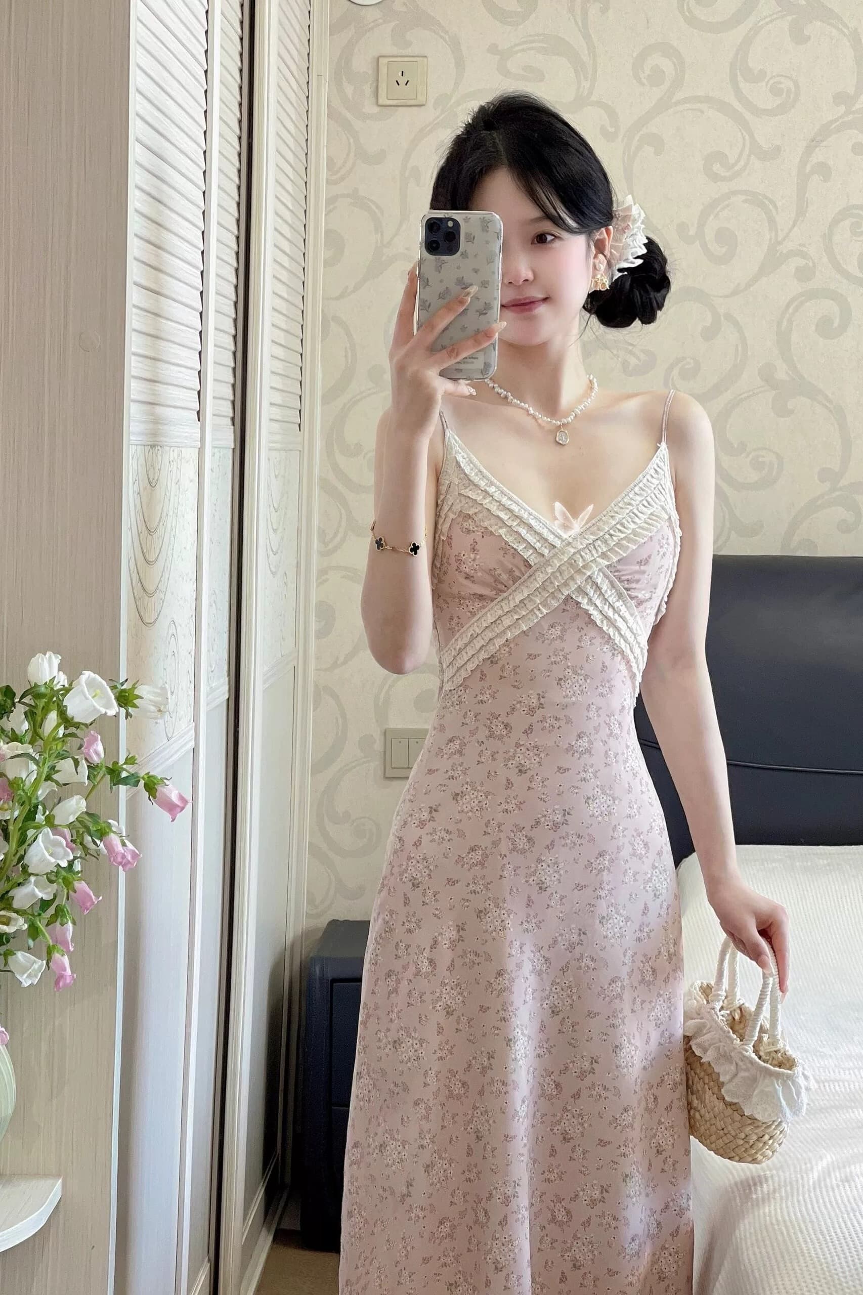 여름 새로운 프랑스식 순수한 욕망 바람 V넥 꽃무늬 슬립 여성 드레스 슬립 레이스 조각 허리 수축 길다 치마 이미지 6