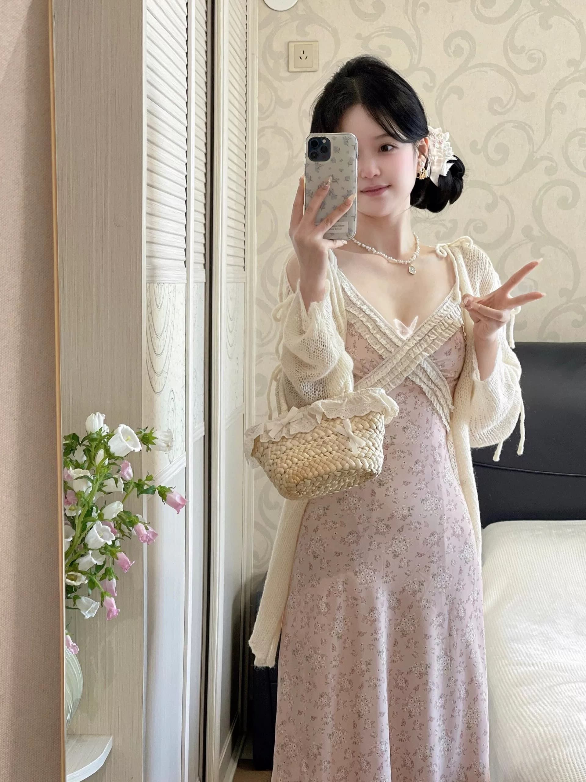 여름 새로운 프랑스식 순수한 욕망 바람 V넥 꽃무늬 슬립 여성 드레스 슬립 레이스 조각 허리 수축 길다 치마 상세 이미지 5