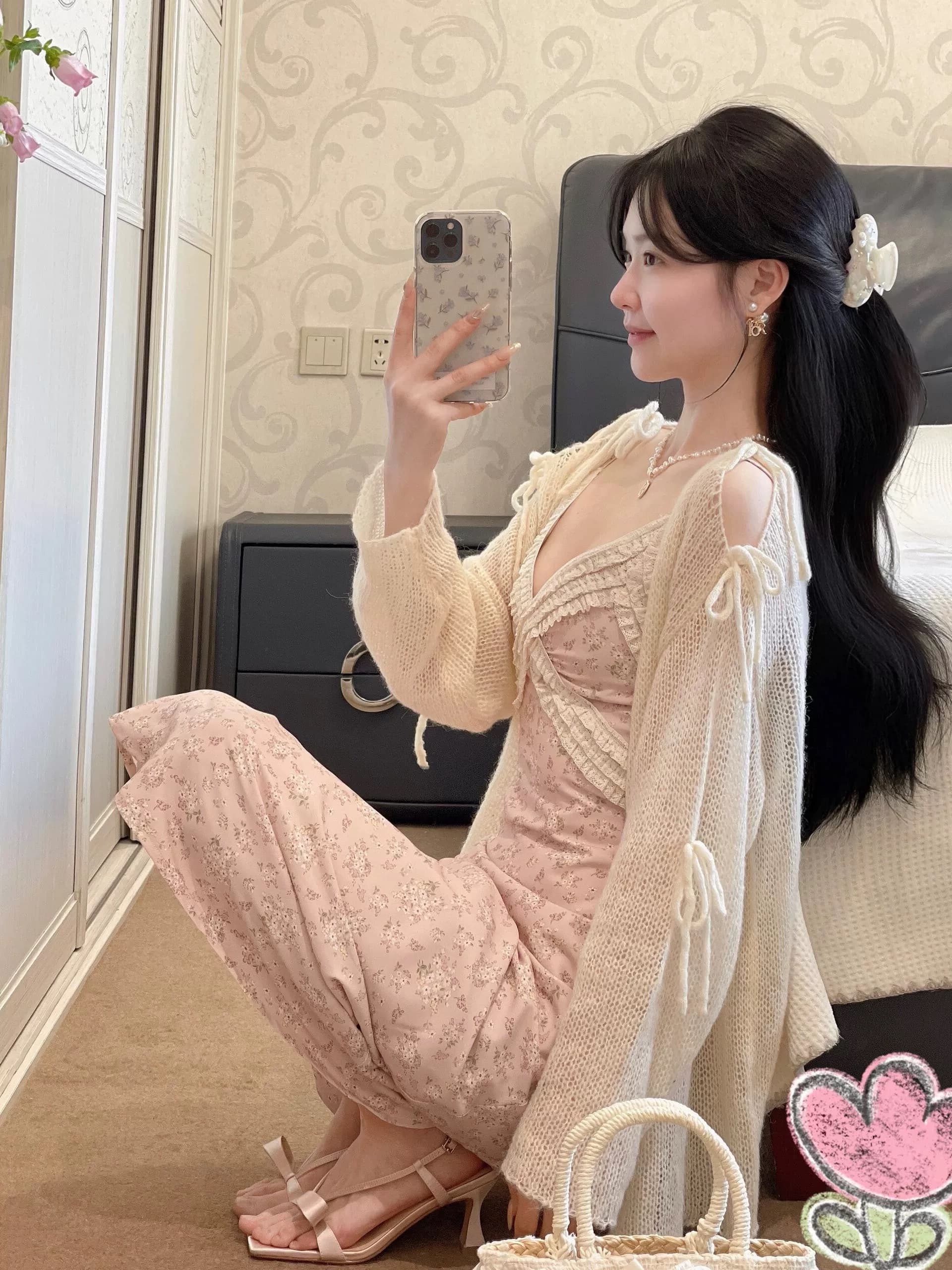 여름 새로운 프랑스식 순수한 욕망 바람 V넥 꽃무늬 슬립 여성 드레스 슬립 레이스 조각 허리 수축 길다 치마 상세 이미지 7