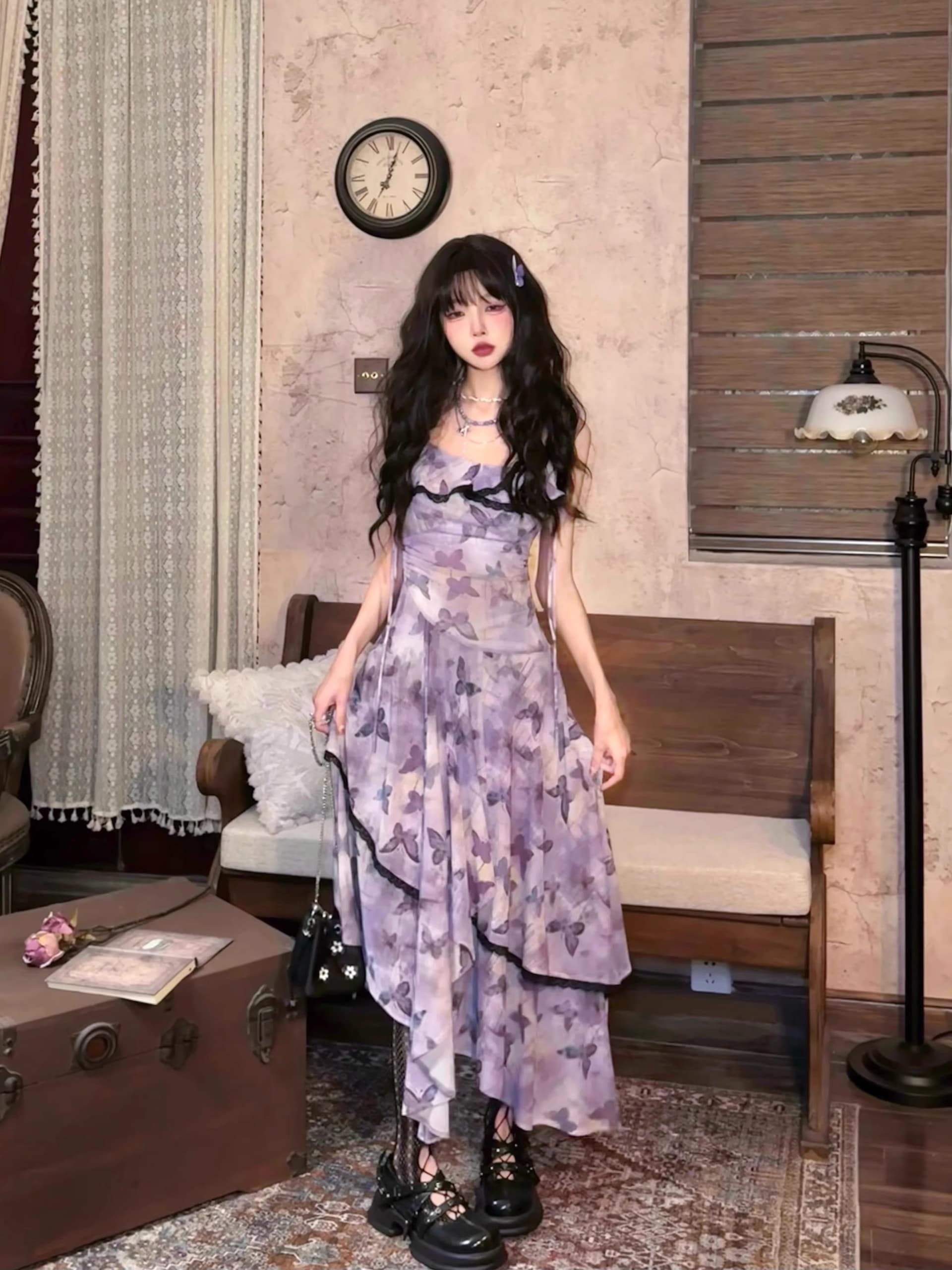프랑스식 레트로 나비 꽃무늬 슬립 요정 여성 드레스 여름 새로운 품격 허리 수축 슬림해 보이는 망사 롱 스커트 상세 이미지 2