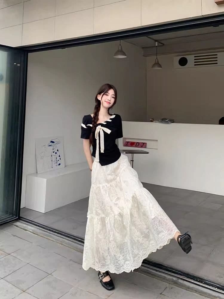 ins 한국 스타일 외국 가스 미니멀리즘 슬림해 보이는 다용도 반팔 비스듬한 칼라 Chic 스트랩 배색 나비 매듭 티셔츠 맨위 여성 여름 이미지 4
