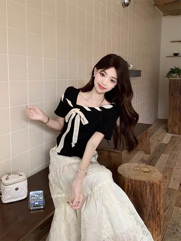 ins 한국 스타일 외국 가스 미니멀리즘 슬림해 보이는 다용도 반팔 비스듬한 칼라 Chic 스트랩 배색 나비 매듭 티셔츠 맨위 여성 여름 이미지 3