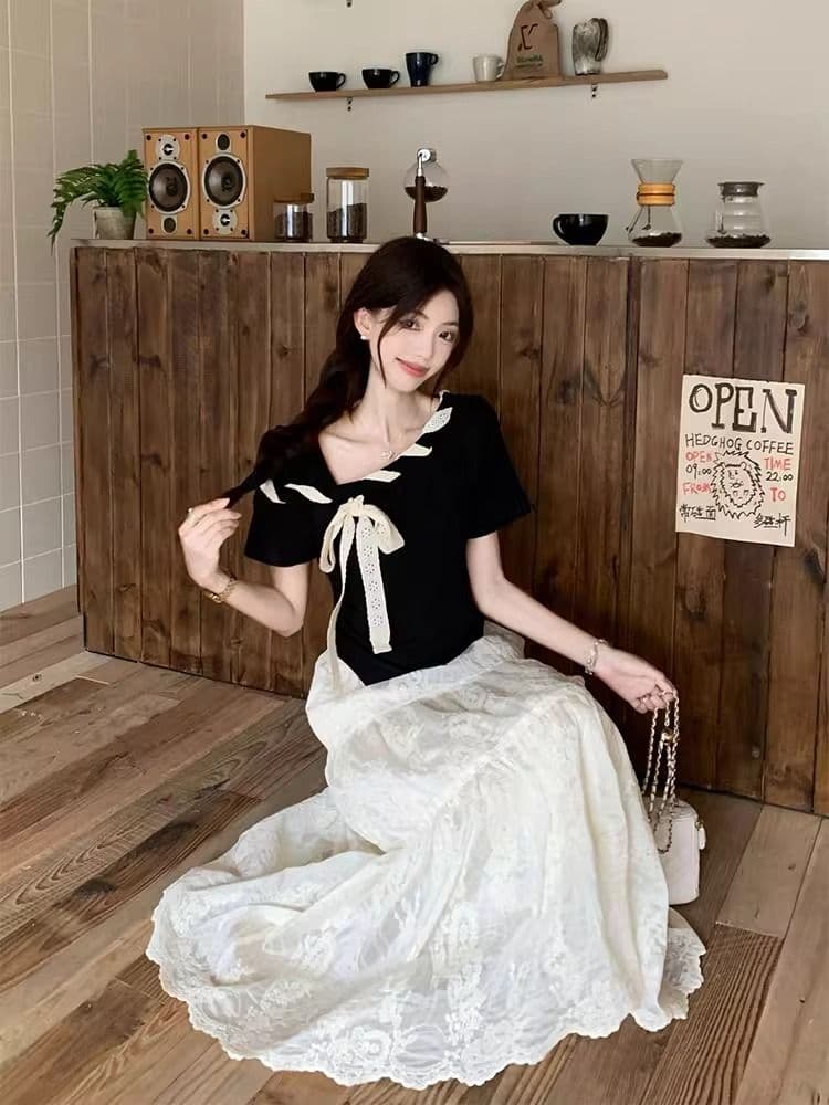 ins 한국 스타일 외국 가스 미니멀리즘 슬림해 보이는 다용도 반팔 비스듬한 칼라 Chic 스트랩 배색 나비 매듭 티셔츠 맨위 여성 여름 이미지 5