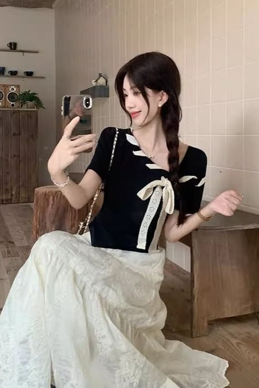 ins 한국 스타일 외국 가스 미니멀리즘 슬림해 보이는 다용도 반팔 비스듬한 칼라 Chic 스트랩 배색 나비 매듭 티셔츠 맨위 여성 여름 이미지 7