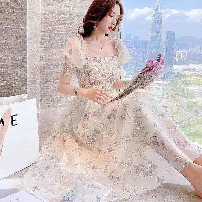 2026 여름 새로운 프랑스식 잉크 페인팅 거품 소매 허리 수축 슬림해 보이는 품격 숙녀 꽃무늬 쉬폰 드레스 이미지 4