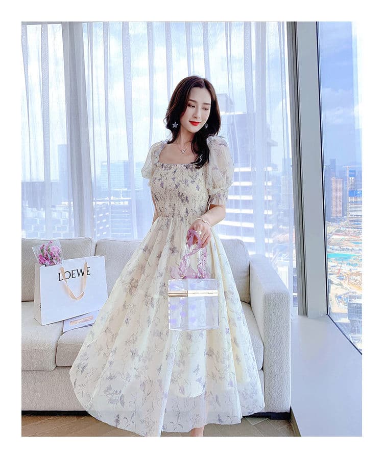 2026 여름 새로운 프랑스식 잉크 페인팅 거품 소매 허리 수축 슬림해 보이는 품격 숙녀 꽃무늬 쉬폰 드레스 상세 이미지 4