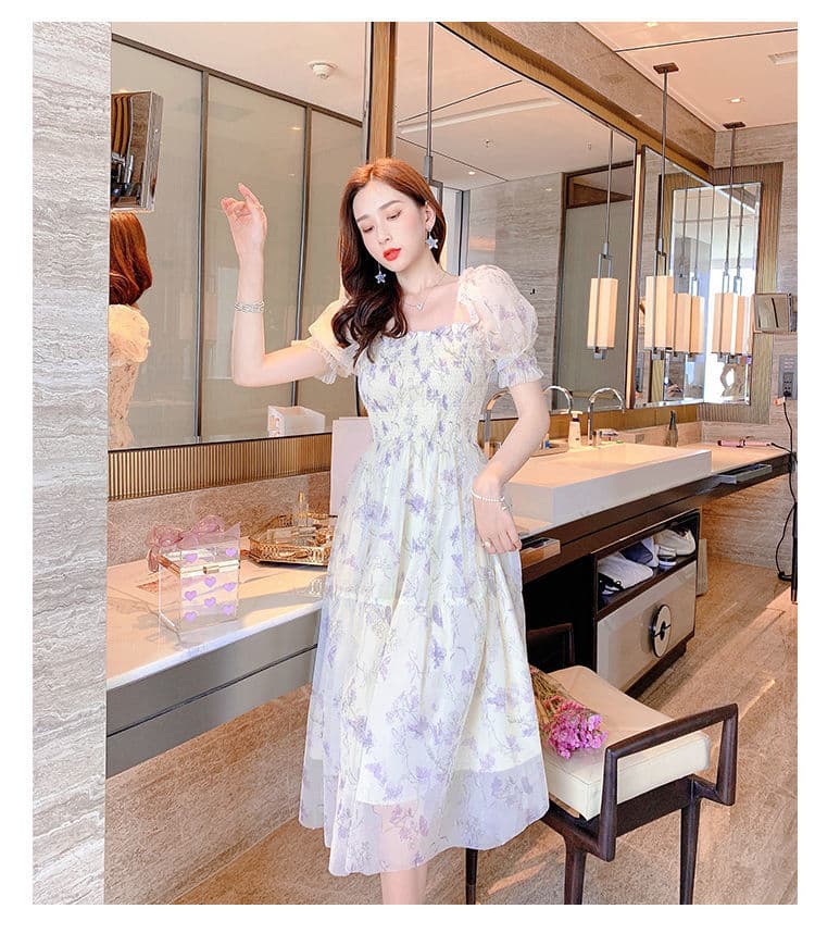 2026 여름 새로운 프랑스식 잉크 페인팅 거품 소매 허리 수축 슬림해 보이는 품격 숙녀 꽃무늬 쉬폰 드레스 상세 이미지 15