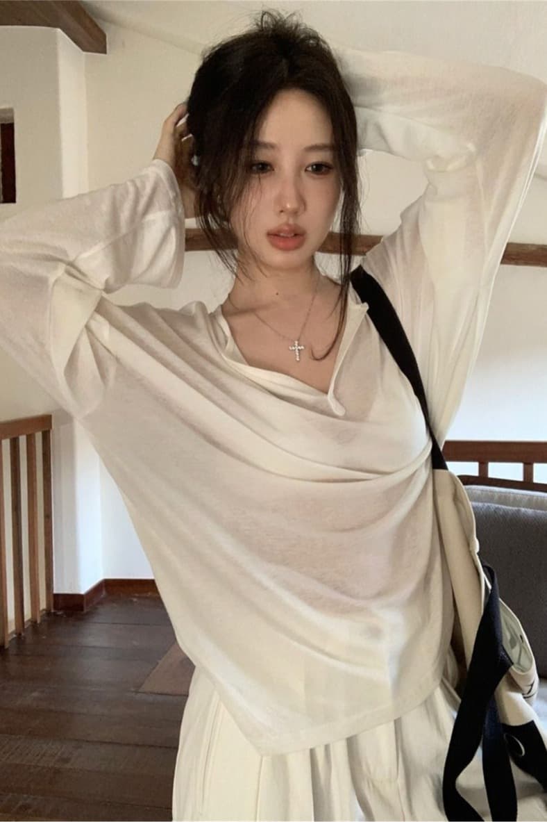 햇빛 플러시 한 부서 느긋한 바람 화이트 V넥 얼음 실크 가면 티셔츠 여성 여름 얇은 스타일 마이크로 ~을 통해 자외선 차단 블라우스 이미지 7