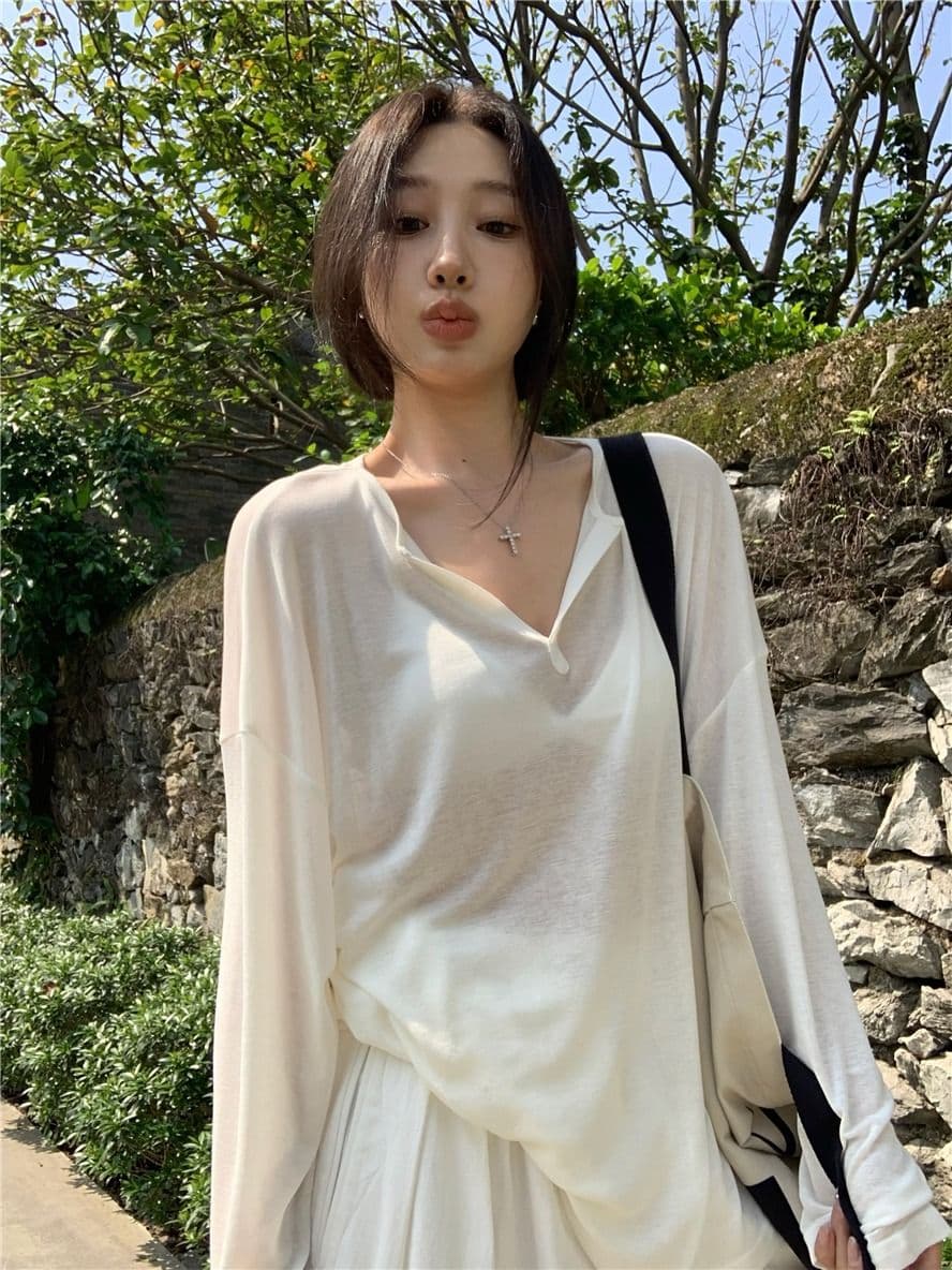 햇빛 플러시 한 부서 느긋한 바람 화이트 V넥 얼음 실크 가면 티셔츠 여성 여름 얇은 스타일 마이크로 ~을 통해 자외선 차단 블라우스 상세 이미지 13