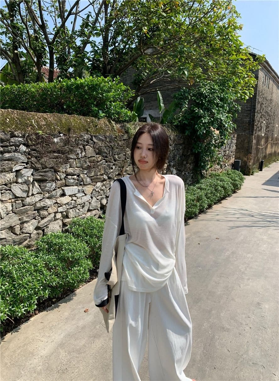 햇빛 플러시 한 부서 느긋한 바람 화이트 V넥 얼음 실크 가면 티셔츠 여성 여름 얇은 스타일 마이크로 ~을 통해 자외선 차단 블라우스 상세 이미지 23
