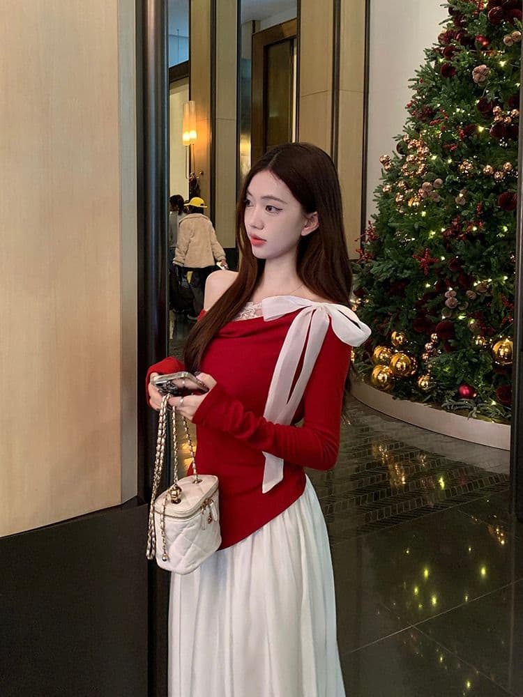 모달 사람들 면 불규칙 비스듬한 어깨 흔들다 칼라 긴 소매 티셔츠 여성 핫걸 오프숄더 맨위 레이스 만나는 상세 이미지 17