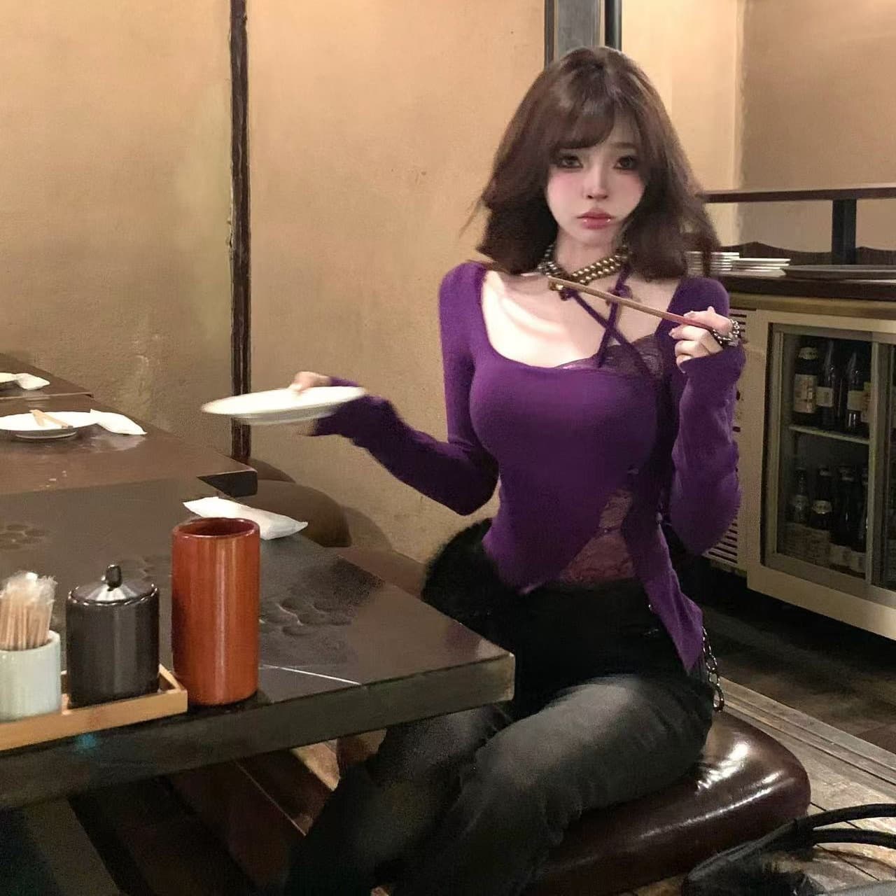 suuuicee 두꺼운 사랑 야마자키 섹시함 타이트 긴팔 티셔츠 여성 레이스 조각 순수한 욕망 몸매 가꾸기 인사이드 가져 가라. 기본 셔츠