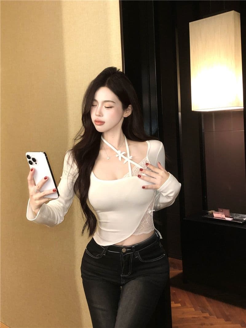 suuuicee 두꺼운 사랑 야마자키 섹시함 타이트 긴팔 티셔츠 여성 레이스 조각 순수한 욕망 몸매 가꾸기 인사이드 가져 가라. 기본 셔츠 상세 이미지 13