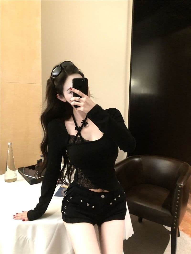 suuuicee 두꺼운 사랑 야마자키 섹시함 타이트 긴팔 티셔츠 여성 레이스 조각 순수한 욕망 몸매 가꾸기 인사이드 가져 가라. 기본 셔츠 상세 이미지 21