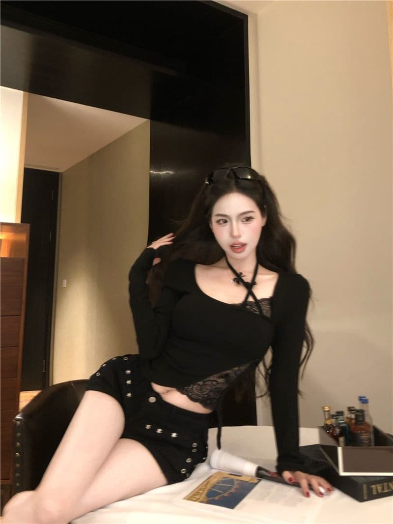 suuuicee 두꺼운 사랑 야마자키 섹시함 타이트 긴팔 티셔츠 여성 레이스 조각 순수한 욕망 몸매 가꾸기 인사이드 가져 가라. 기본 셔츠 상세 이미지 22