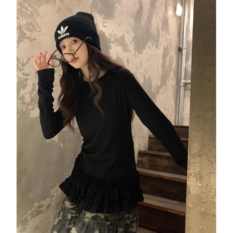 모달 사람들 면 2026 가을 발레 바람 레이스 레이스 긴팔 티셔츠 빅 사이즈 여성 의류 몸매 가꾸기 기본 셔츠 맨위 이미지 4